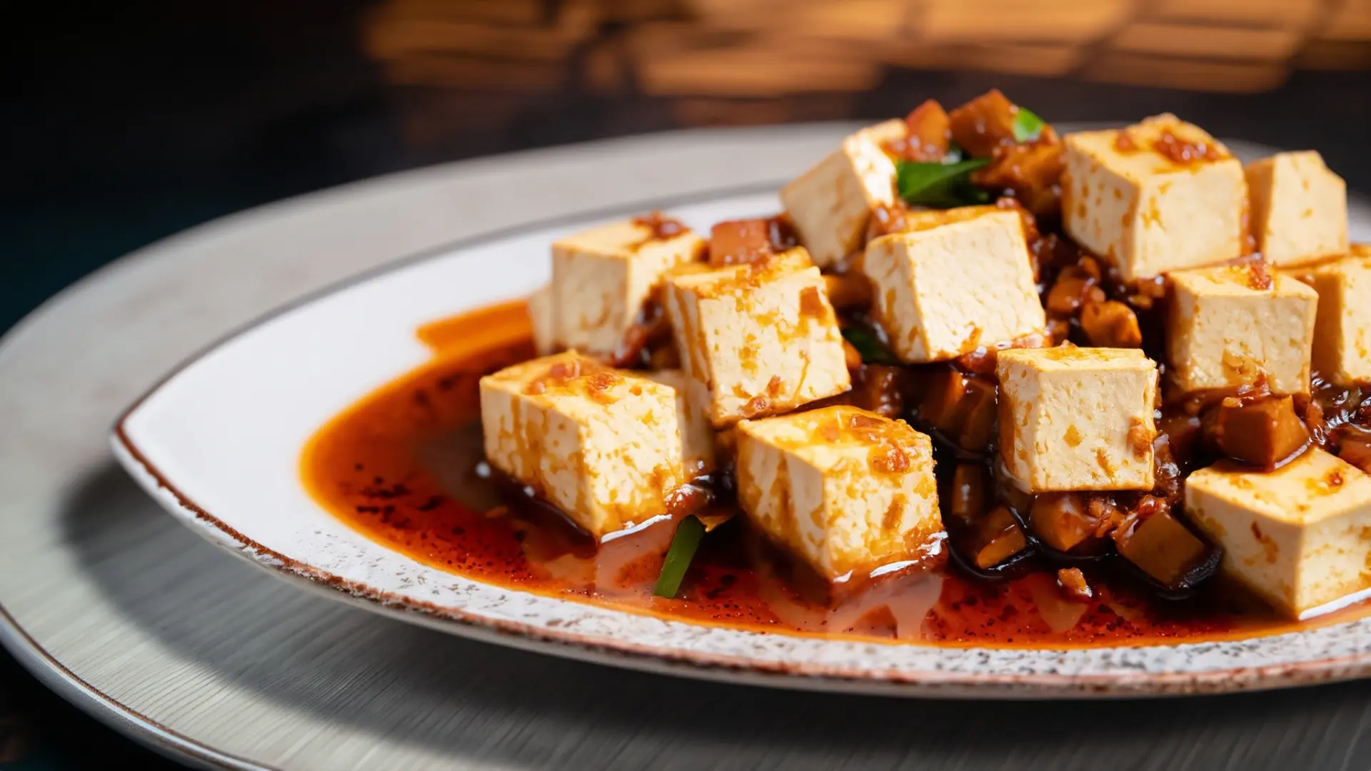 麻婆豆腐 mapo-tofu in chinese style,served on an elegant platter